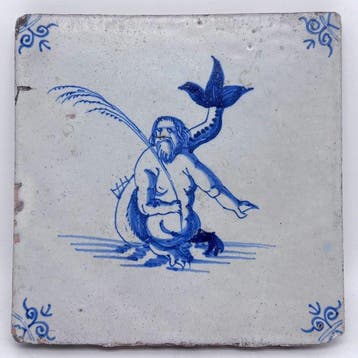 Antiek Tegel - Antieke Delftsblauwe tegel met (zee)meerman -