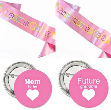 Babyshower set met buttons en sjerp set paars zwart wit goud, Verzenden, Nieuw, Versiering, Geboorte of Huwelijk