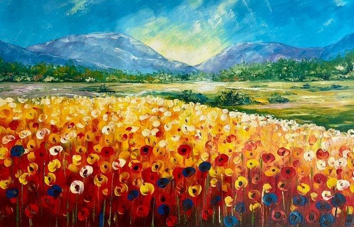 Yuni R. P. (XX) - Luz y Amapolas al Alba., Antiek en Kunst, Kunst | Schilderijen | Klassiek