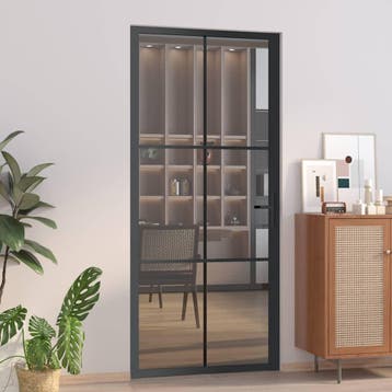 vidaXL Binnendeur 93x201,5 cm ESG-glas en aluminium zwart, Verzenden, Nieuw