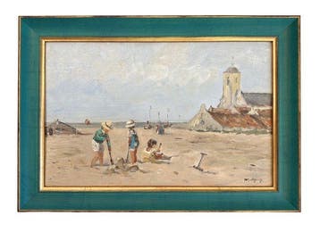 Cor Schaap (1968) - Strandgezicht met Oude Kerk, Antiek en Kunst