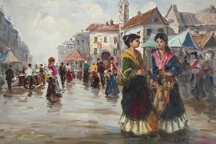 Antonio De Vity (1901-1993) - Vivace scena di mercato, Antiek en Kunst, Kunst | Schilderijen | Klassiek