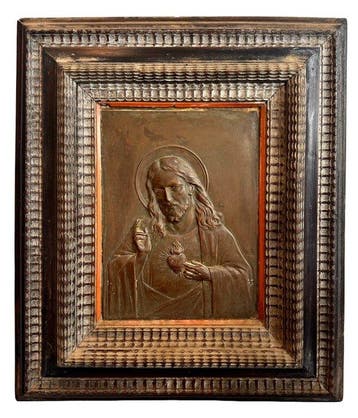Lijst - Hout, Koper - Bas-relief - Heilig Hart - 39 x 45 cm