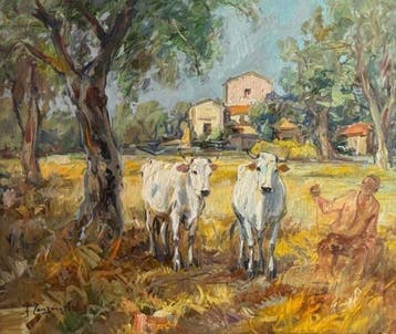 Nicola Canzanella (1929-2014) - Paesaggio con contadino e, Antiek en Kunst