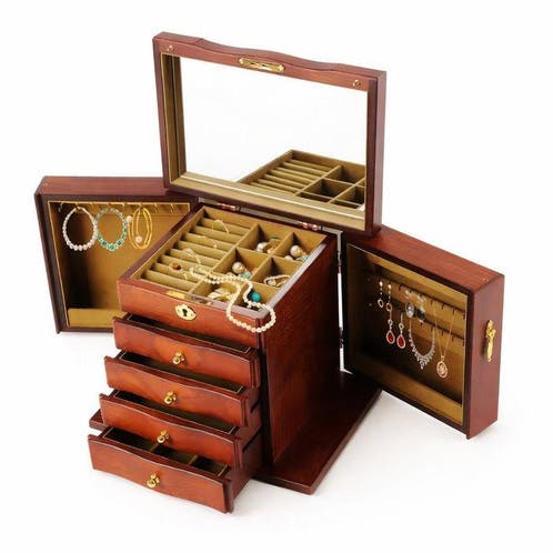 Houten Sieraden Opbergdoos, Vintage Organizer met Lade, 5