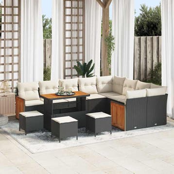 vidaXL Tuinbankenset met kussen 14 pcs Zwart en Crème poly, Tuin en Terras, Tuinsets en Loungesets, Verzenden, Nieuw, Rotan, 4 zitplaatsen
