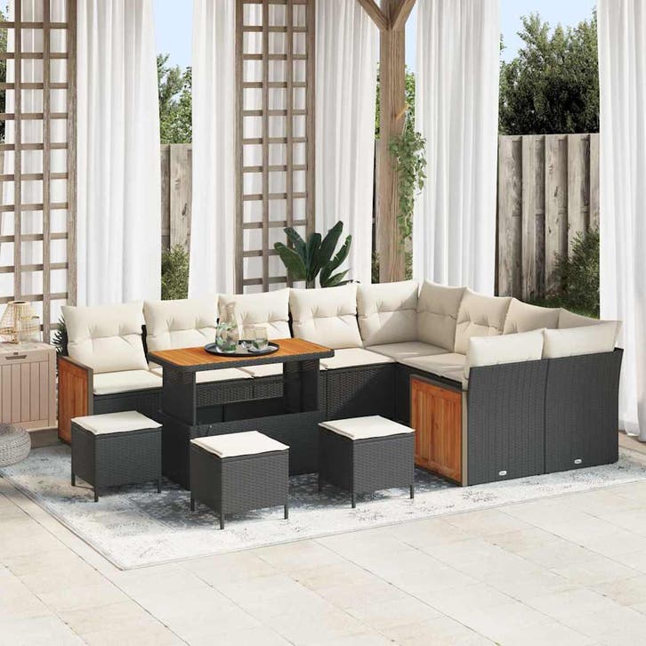 vidaXL Tuinbankenset met kussen 14 pcs Zwart en Crème poly, Tuin en Terras, Tuinsets en Loungesets, Nieuw, 4 zitplaatsen, Rotan