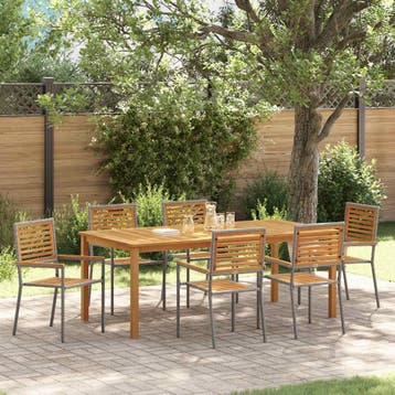 vidaXL Tuin eettafelset 7 st Grijs Massief Acaciahout, Verzenden, Nieuw, 7 zitplaatsen