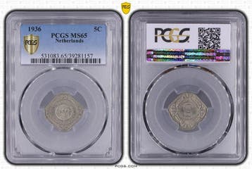 Koningin Wilhelmina 5 cent 1936 MS65 PCGS gecertificeerd, Verzenden, Koningin Wilhelmina, 5 cent, Losse munt