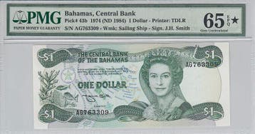 1974 Bahamas 1 Dollar Pick 43b Pmg Gem Unc 65 Star Epq, Verzenden