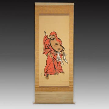 Hangende rol met Daruma - Zijde, Bot - Signed Masao  -