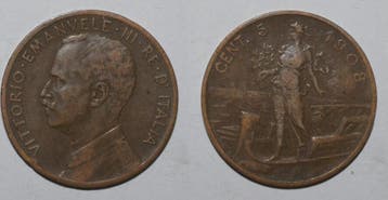 Italie Italy 5 Centesimi 1908 R Tres Tres Beau, Verzenden