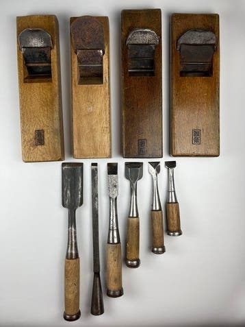 Vintage Japanse houtbewerkingsset van 10 stuks, traditionele