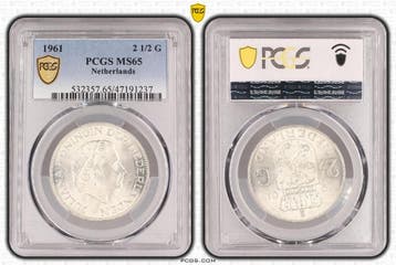 Koningin Juliana zilveren 2 1/2 gulden 1961 MS65 PCGS, Postzegels en Munten, Munten | Nederland, Verzenden, Koningin Juliana, Losse munt