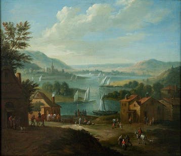 Karel Breydel (1678-1733) - Paesaggio fluviale con barche a