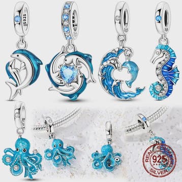 925 Sterling Zilveren Bedel Set: Dolfijn, Zeepaardje & Octop