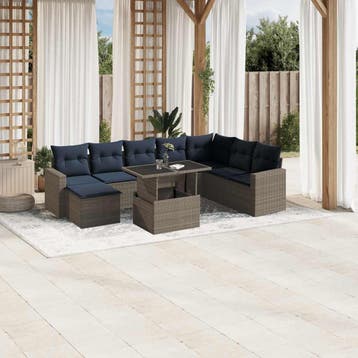 vidaXL 9-delige tuinbankset met kussens, grijs polyrotan, Verzenden, Nieuw