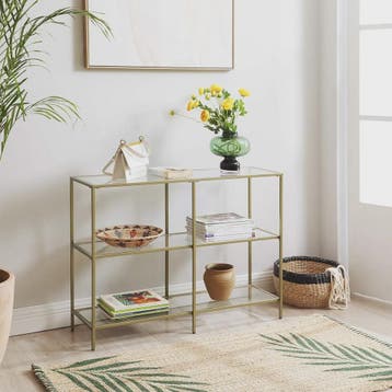 Stijlvolle Console Tafel met 3 Glazen Planken - Goudkleurig, Verzenden, Nieuw