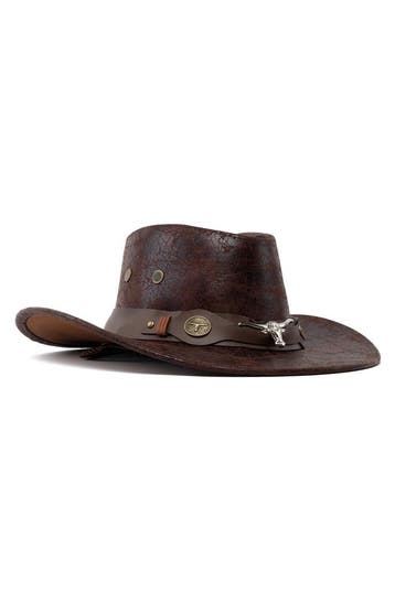 KIMU® Cowboyhoed Donkerbruin Leer Stier Bruine Leren Leather, Ophalen of Verzenden, Nieuw, Overige maten, Carnaval