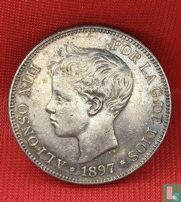 Spanje 5 pesetas 1897, Verzenden, Losse munt, Goud