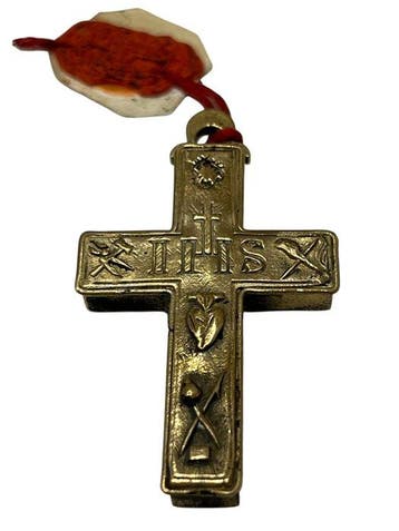 Reliekhouder - Brons, Gouden cartouche, Textiel - 20e eeuw -, Antiek en Kunst