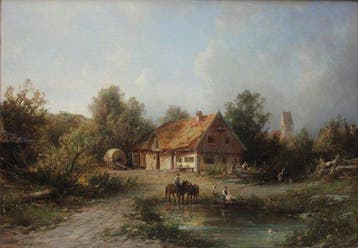 Julius Lange (1817-1878) - Village scene with peasants and a, Antiek en Kunst