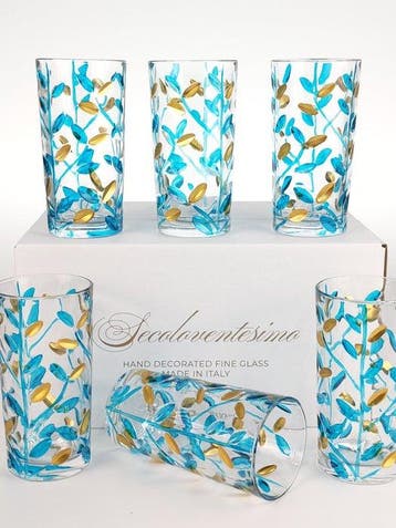 Secoloventesimo - Drinkservies (6) - Bladeren turkoois goud