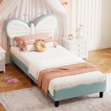 Gestoffeerd Bed met Vlindervormig Hoofdbord –LED-verlichting, Verzenden, Nieuw