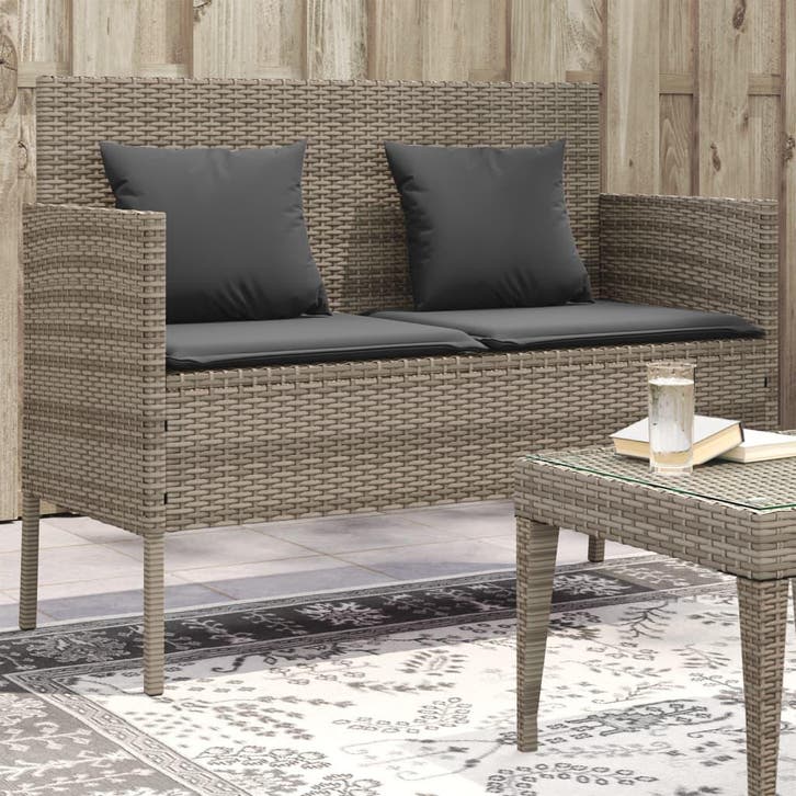 vidaXL Tuinbank met kussens poly rattan grijs, Tuin en Terras, Tuinbanken, Nieuw, Rotan, Verzenden