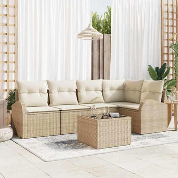 vidaXL Bankstel met kussen Beige Polyester, Tuin en Terras, Tuinsets en Loungesets, Verzenden, Nieuw, Rotan, 6 zitplaatsen