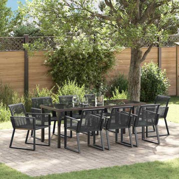 vidaXL Tuin eettafelset 9 st Zwart Gepoedercoat staal, Verzenden, Nieuw, Rotan, Meer dan 8 zitplaatsen