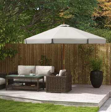 Nieuwe Houten Tuin Parasol 325cm Lichtgrijs – Katrolsysteem, Verzenden, Nieuw, Stokparasol, Waterdicht