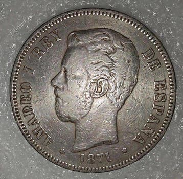 Spanje. Amadeo I. 5 Pesetas 1871*71 SDM (Zonder
