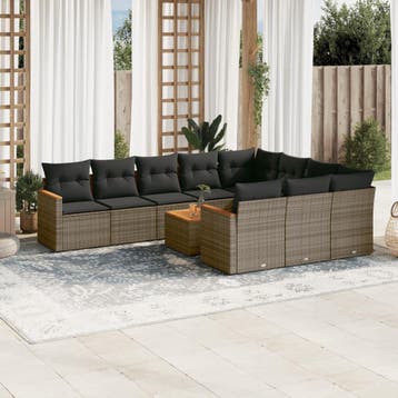 vidaXL 11-delige Loungeset met kussens poly rattan grijs, Verzenden, Nieuw, Loungeset