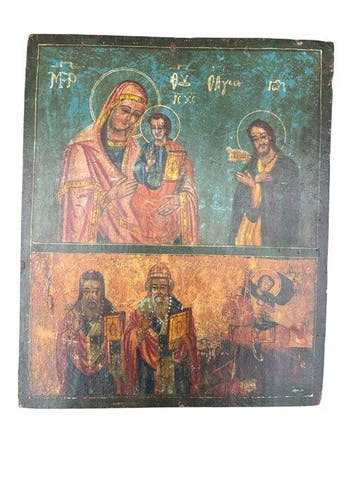 Icoon - meerluikse icoon moeder Gods Johannes en heiligen. -