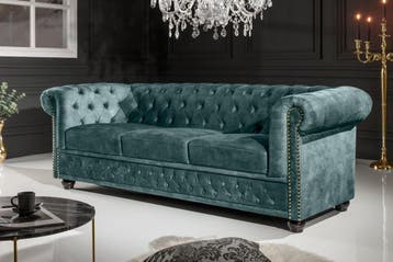 Chesterfield 3-zitsbank 205cm petrol fluweel gouden, Ophalen of Verzenden, Nieuw