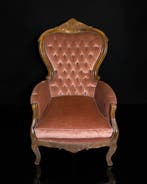 Fauteuil - Chesterfield - Fluweelroze (Pink) - Walnoot -, Antiek en Kunst