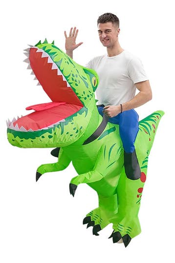 KIMU® Opblaas Kostuum Rijdend op Velociraptor Groen Opblaasb, Carnaval, Nieuw, Overige maten, Ophalen of Verzenden