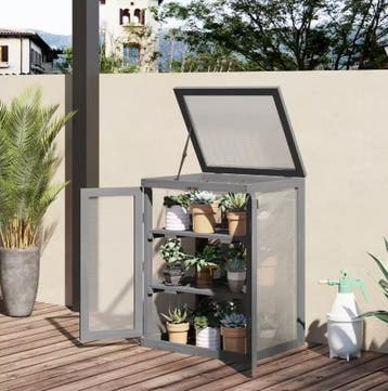 Stijlvolle Mini Kas Donkergrijs 2 Houten Deuren 58x44x78cm, Tuin en Terras, Kassen, Verzenden, Nieuw