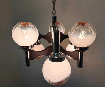 Plafondlamp - Staal, Glas, Hout - Hanglamp uit de