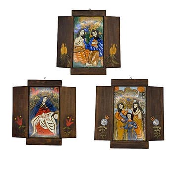 Lotto van 3 iconen – Drieluik onder glas – Volkskunst van