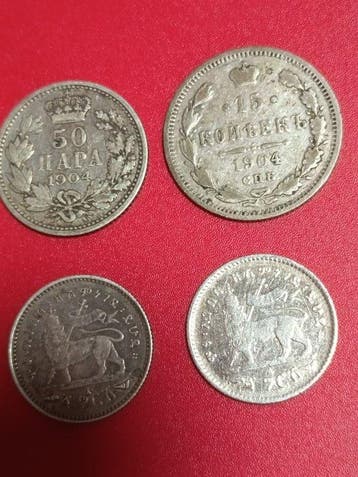 Servië, Ethiopië, Rusland. Lotto 4 monete argento ( 50 para