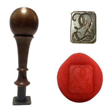 Antique Turned Wood and Brass Personal Wax Seal Stamp with