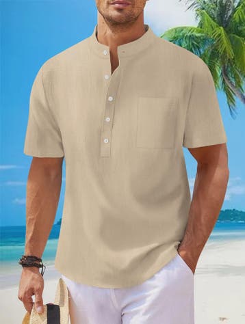 Herenshirt met Opstaande Kraag en Korte Mouwen - Katoen Linn, Verzenden, Nieuw