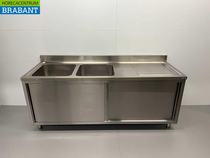 RVS Spoeltafel dubbele spoelbakken 2 schuifdeuren, Zakelijke goederen, Horeca | Keukenapparatuur, Nieuw in verpakking, Ophalen of Verzenden