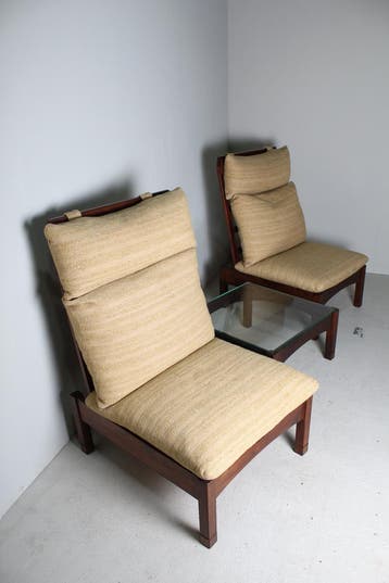 Vintage houten fauteuils uit 1975, Gebruikt, 100 tot 125 cm, Vintage, Hout