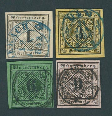 Württemberg 1851 - Gestempelde lot van 1 Kr tot 9 Kr in, Postzegels en Munten, Gestempeld