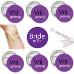 Vrijgezellenfeest set Vrijgezellig en Bride to Be paars wit, Verzenden, Nieuw, Feestartikel, Geboorte of Huwelijk