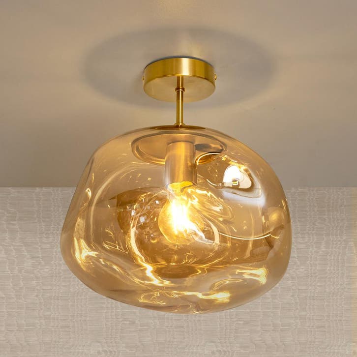 Glazen Plafondlamp Goud met Amberglas – Marly, Huis en Inrichting, Lampen | Plafondlampen, Nieuw, Glas, Metaal, Verzenden