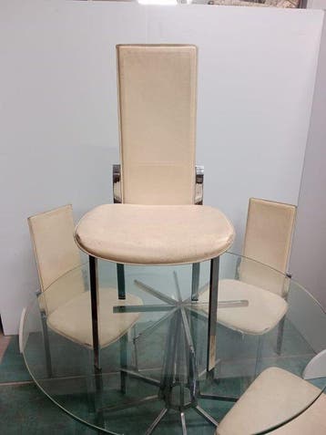 Stoel - Leder, Staal - Set van 4 stoelen uit de jaren 70, Nieuw
